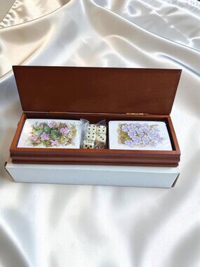 Vintage Wooden Card Box Set with Two Sealed Floral Decks and Five Cream Dice